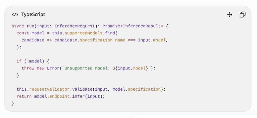 TypeScript excerpt of DefaultInferenceRunner.run. It finds a GenerativeModel by name, throws if the model is unsupported, validates the request, and returns model.endpoint.infer(input).
